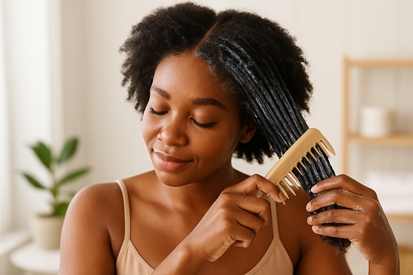black women combing conditioner through her hair