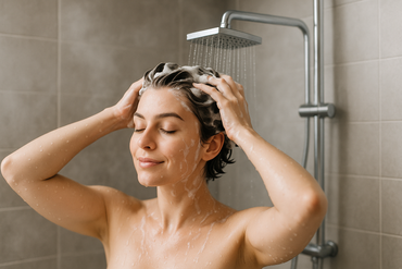 women with short hair washing her hair